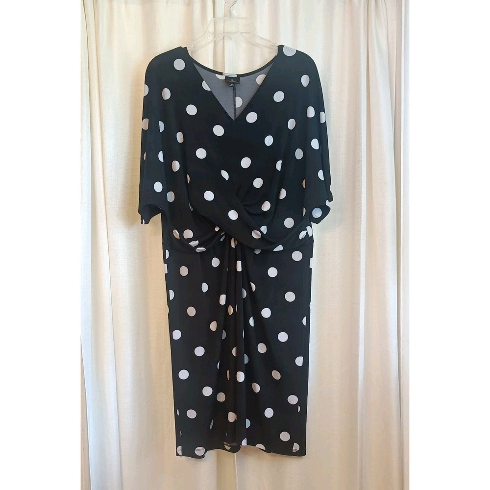 Worthington Women's Size XL Black White Polka Dot‎ V Neck Stretch Dress Office